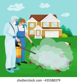 Pest control concept with insects exterminator silhouette flat vector illustration