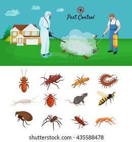 Pest control concept with insects exterminator silhouette flat vector illustration