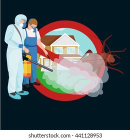 Pest control concept with insects exterminator silhouette flat vector illustration