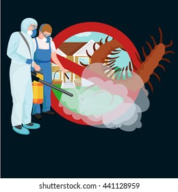 Pest control concept with insects exterminator silhouette flat vector illustration