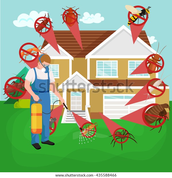 Pest control concept with insects\
exterminator silhouette flat vector\
illustration