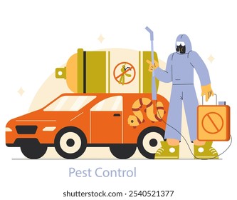 Concepto de control de plagas. Exterminador uniformado con equipo listo para enfrentar infestaciones de plagas junto a un vehículo de marca. Ilustración vectorial.