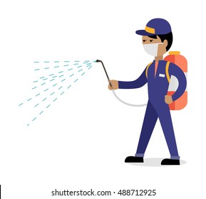 Pest control concept vector in flat style design. Man in uniform with face mask spray pesticides from sprayer on back. Chemical treatment against termites, cockroaches, fleas, agricultural pests.