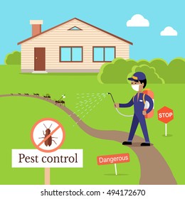 Pest control concept vector in flat design. Man in uniform with face mask spray pesticides from sprayer  near house. Chemical treatment against ants, termites, cockroaches, fleas, agricultural pests.