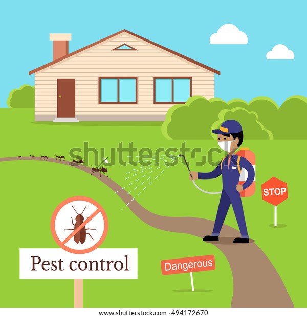 Pest control concept vector in flat design. Man in\
uniform with face mask spray pesticides from sprayer  near house.\
Chemical treatment against ants, termites, cockroaches, fleas,\
agricultural pests.