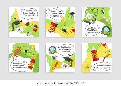 Pest control disinfection and derealization service poster set vector flat illustration. Collection chemical killer of bug insect with toxic spraying isolated. Home sanitary protection and prevention
