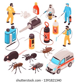 Pest control disinfection service isometric icons set with ant rat cockroach  professional exterminators team equipment vector illustration