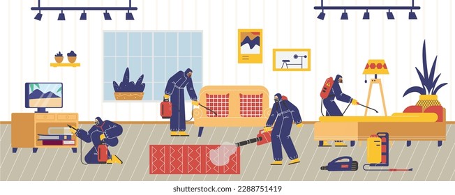 Pest control disinfectors treat the room with chemicals against insects and rodents, flat cartoon vector illustration. Pest control workers working indoors.