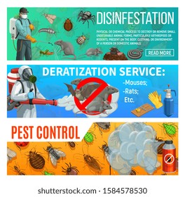 Pest control disinfestation and deratization health sanitary service, vector web banners. Domestic insects ticks, bugs and cockroach disinfection, agrarian fumigation, rats and mouse extermination