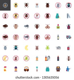 Pest control elements collection, flat icons set, Colorful symbols pack contains - Ant insect, Mosquito spray bottle, Cockroach, Fly swatter, Rat trap, Gas mask. Vector illustration. Flat style design