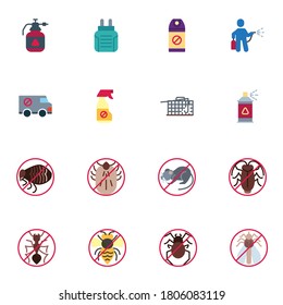Pest control elements collection, flat icons set, Colorful symbols pack contains - mousetrap, disinfectant, mosquito spray, pest prohibition signs. Vector illustration. Flat style design