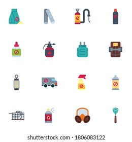 Pest control elements collection, flat icons set, Colorful symbols pack contains - poison powder, disinfectant spray, respirator mask, mousetrap. Vector illustration. Flat style design