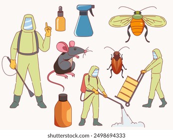 Pest control. Extermination of rodents and insects, people in special suits with sprinklers, poisons and chemicals, professional disinfectors, cartoon flat style isolated vector set