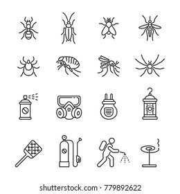 Pest control, extermination: thin vector icon set, black and white kit