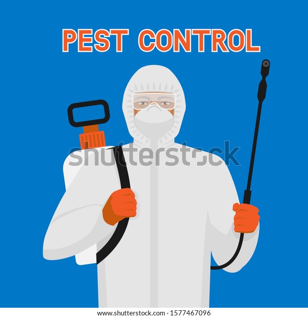 Pest Control exterminator in protective suit and\
mask with sprayer