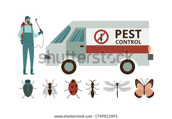 Pest control or pest\
exterminator set with worker, car and insects icons, flat vector\
illustration isolated on white background. Insecticide or pesticide\
spraying.