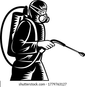 Pest Control Exterminator Spraying Side Retro Woodcut Black and White