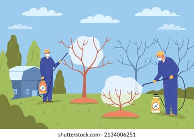 Pest control flat background with service employees in uniform with balloons spraying trees and bushes vector illustration