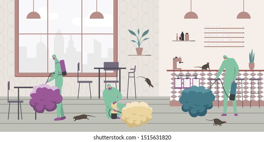 Pest control flat composition with characters of people in chemical protection suits releasing agents onto rats vector illustration