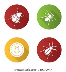 Pest control flat design long shadow glyph icons set. Mite target, ground beetle, spider, housefly. Vector silhouette illustration