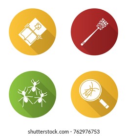 Pest control flat design long shadow glyph icons set. Cockroach searching, fly-swatter, mouse trap, ants. Vector silhouette illustration