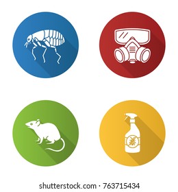 Pest control flat design long shadow glyph icons set. Insects repellent, flea, respirator, rodent. Vector silhouette illustration