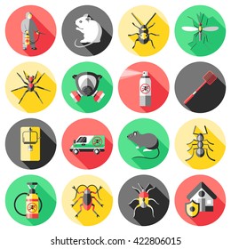 Pest control flat icons set with house worker insecticide trap rodent ant mosquito spider isolated vector illustration 