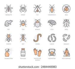 Pest control flat line icons set. Mosquito, spider, fly, cockroach, rat, termite, pesticide spray vector illustrations. Outline signs for disinfection service. Orange color. Editable Strokes