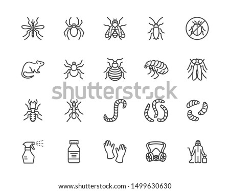 Pest control flat line icons set. Insects - mosquito, spider, fly, cockroach, rat, termite, spray vector illustrations. Outline signs for disinfection service. Pixel perfect. Editable Strokes.