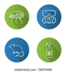 Pest control flat linear long shadow icons set. Insects repellent, flea, respirator, rodent. Vector outline illustration