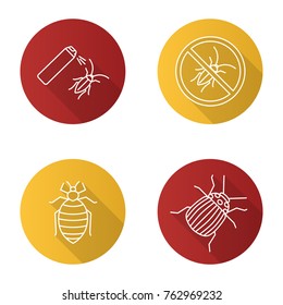 Pest control flat linear long shadow icons set. Colorado beetle, bed bug, cockroach bait, stop roaches. Vector outline illustration