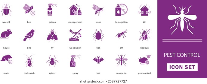 Pest control flat vector  icon set. with woodworm, tick, mosquito,  ant, mole, cockroach and spider. filled icon collection. Vector illustration