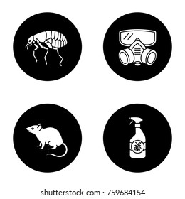Pest control glyph icons set. Insects repellent, flea, respirator, rodent. Vector white silhouettes illustrations in black circles