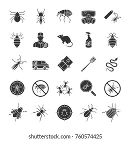 Conjunto de iconos de glifos de control de plagas. Exterminación. Animales e insectos dañinos. Símbolos de silueta. Ilustración aislada de vectores