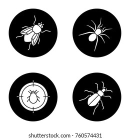 Pest control glyph icons set. Mite target, ground beetle, spider, housefly. Vector white silhouettes illustrations in black circles
