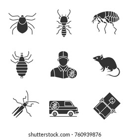 Pest control glyph icons set. Mouse trap, exterminator's car, louse, termite, mite, flea, grasshopper, rodent. Silhouette symbols. Vector isolated illustration