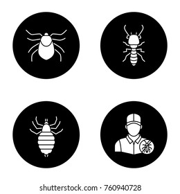 Pest control glyph icons set. Mite, termite, louse, exterminator. Vector white silhouettes illustrations in black circles