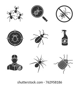 Pest control glyph icons set. Cockroach searching, ants, roaches repellent, mite target, ground beetle, colorado bug, spider, exterminator. Silhouette symbols. Vector isolated illustration