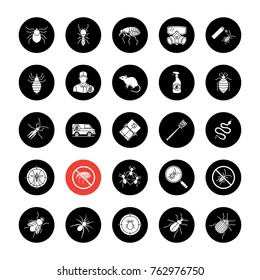 Pest control glyph icons set. Extermination. Harmful animals and insects. Vector white silhouettes illustrations in black circles