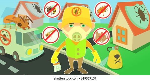 Pest control horizontal banner concept terminate. Cartoon illustration of pest control terminate vector horizontal banner for web