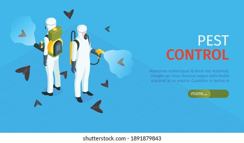 Pest control horizontal banner with exterminators of insects in chemical protective using repellents against pests isometric vector illustration