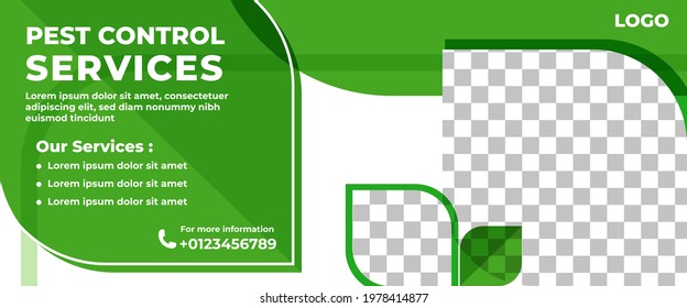 Pest Control Horizontal Banner Template Design. Modern Banner with Abstract Green Shape and Place for the Photo. Usable for Web banner and Print banner.