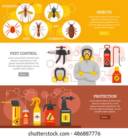 Pest Control Horizontal Banners With Insects Icons Repellent Spray Cans Collection Exterminator In Protective Equipment And Uniform Flat Vector Illustration     