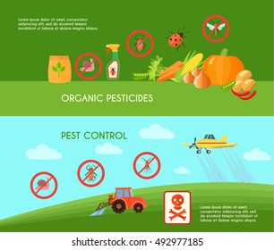 Pest control horizontal banners set with organic pesticides symbols flat isolated vector illustration