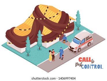 Pest control house disinfection service isomeric composition with professional team equipment van arrival tenants outdoor  vector illustration 