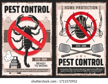 Pest control and house disinsection service, vector vintage retro posters. Domestic disinfestation, insects and pest control, scorpions extermination, ticks, flies, moth and bugs fumigation