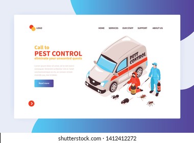 Pest control house hygiene disinfection service online concept isometric home page  banner with specialists arrival vector illustration  