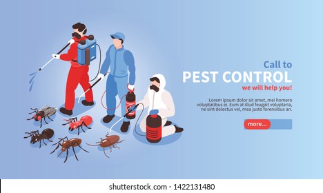 Pest control house hygiene disinfection service isometric website banner with professional team exterminating insects background vector illustration  