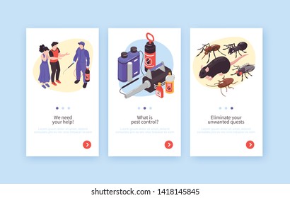 Pest control hygiene disinfection service isometric vertical banners set with rats insects specialists clients equipment vector illustration  