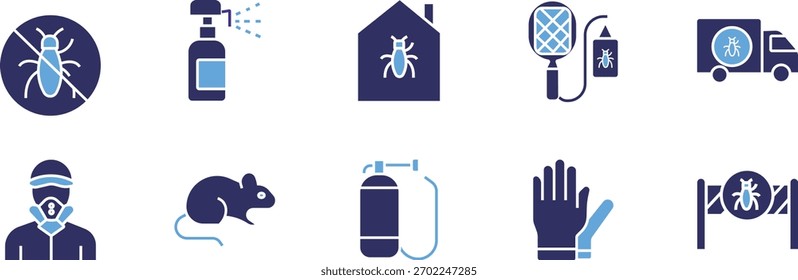 Ícone de controle de pragas define coleção. Inseticida, roedor, fumigação, higiene, extermínio, controle, spray, remoção de pragas, armadilha e melhor conjunto de ícone sólido.